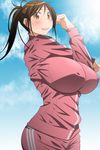  breasts brown_eyes brown_hair cloud day gym_uniform huge_breasts kunifuto looking_at_viewer original outdoors ponytail sky solo standing sweatdrop track_suit 