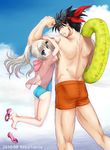  1girl black_hair blonde_hair blue_eyes closed_eyes headband innertube inohara_masato little_busters! long_hair male_swimwear muscle noumi_kudryavka one-piece_swimsuit ponytail shoe_dangle shoes shorts single_shoe swim_trunks swimsuit swimwear tobita_keiko 