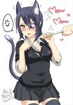  anger_vein animal_ears artist_name blush cat_ears cat_tail cat_teaser cattail eyepatch go-it headgear heart kantai_collection kemonomimi_mode open_mouth plant purple_hair short_hair signature solo_focus spoken_anger_vein sweatdrop tail tenryuu_(kantai_collection) thighhighs trembling yellow_eyes 