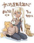  1girl aida_yuu armpit_holster blonde_hair blue_eyes dark_skin female full_body gun gunslinger_girl hair_ornament hair_ribbon handgun holster long_hair looking_at_viewer necktie pants ribbon seiza sitting smile solo stuffed_animal stuffed_toy teddy_bear triela twintails vest weapon 