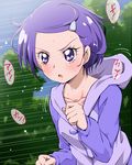  aikatsu! aikatsu!_(series) determined dokidoki!_precure eyelashes hair_ornament hairclip hood hooded_track_jacket jacket kenzaki_makoto open_mouth parody precure purple_eyes purple_hair season_connection serious short_hair solo sweat tj-type1 track_jacket track_suit training trait_connection translated tree 