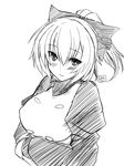  blush breast_hold breasts crossed_arms greyscale hair_ribbon highres kurodani_yamame large_breasts long_hair looking_at_viewer monochrome ponytail ribbon smile solo sorono touhou 