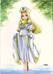  artist_request blonde_hair blue_eyes dress full_body gloves hat leaf long_hair mint_adenade nurse_cap scan skirt_hold smile solo tales_of_(series) tales_of_phantasia tree water 