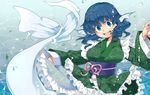  animal_ears blue_eyes blue_hair breasts eyebrows_visible_through_hair head_fins iroyopon japanese_clothes large_breasts long_sleeves mermaid monster_girl obi open_mouth sash short_hair smile solo thick_eyebrows touhou wakasagihime water wide_sleeves 