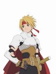  armor artist_request belt brown_eyes brown_hair cape cless_alvein gloves hand_on_hip headband male_focus official_art red_cape scabbard sheath solo tales_of_(series) tales_of_phantasia white_background 
