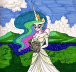  anthro anthrofied blush bouquet cleavage clothed clothing cloud crown equine eyeshadow female friendship_is_magic fur gold grass hair hi_res horn horse looking_at_viewer makeup mammal mountain multi-colored_hair my_little_pony newyorkx3 outside pony princess_celestia_(mlp) purple_eyes sky solo sparkles standing water wedding_dress white_fur winged_unicorn wings 