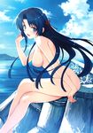  1girl artist_request blue_eyes blue_hair blush bow breasts character_request cloud hair_bow highres koga_sayoko legs legs_crossed long_hair long_legs misaki_kurehito nipples nude ocean open_mouth outdoors sitting sky smile solo source_request suiheisen_made_nan_mile? tetrapod very_long_hair water 