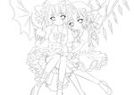  absurdres apple bat_wings flandre_scarlet food fruit greyscale hat highres lineart looking_at_viewer monochrome multiple_girls remilia_scarlet risui_(suzu_rks) short_hair smile touhou wings 