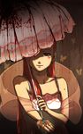  bad_id bad_pixiv_id blood blush brown_background brown_eyes bug butterfly evil gyakuten_saiban gyakuten_saiban_3 insect jewelry long_hair miyanagi_chinami mushinpen necklace outstretched_hand red_hair shawl smile solo umbrella white_umbrella 