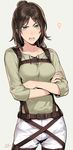  belt brown_hair buckle crossed_arms eren_yeager genderswap genderswap_(mtf) green_eyes open_mouth pants shingeki_no_kyojin signature simple_background sine solo suspenders thigh_strap venus_symbol 