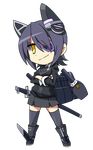  chibi crossed_arms eyepatch fingerless_gloves full_body gloves headgear kantai_collection machinery purple_hair short_hair solo sword takeya_yuuki tenryuu_(kantai_collection) thighhighs transparent_background turret weapon yellow_eyes 