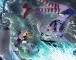  black_hair black_panties blonde_hair blue_eyes blush chi-class_torpedo_cruiser elbow_gloves gloves glowing glowing_eyes hairband inaeda_kei kantai_collection long_hair multiple_girls navel one_eye_covered open_mouth panties rensouhou-chan shimakaze_(kantai_collection) shinkaisei-kan skirt splashing striped striped_legwear thighhighs underwear upside-down water white_gloves 