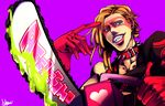  bad_id bad_pixiv_id blonde_hair blue_eyes chainsaw collar evil_grin evil_smile gloves grin jojo_no_kimyou_na_bouken long_hair mad369 male_focus mask melone slime smile solo spiked_collar spikes you_gonna_get_raped 