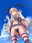  anchor blonde_hair blush cameltoe elbow_gloves gloves green_eyes hairband kantai_collection long_hair navel panties panty_lift shimakaze_(kantai_collection) skirt solo striped striped_legwear suzu-batsu thighhighs underwear wedgie 