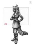  canine cleavage clothed clothing dhole female kacey looking_at_viewer mammal monochrome solo 