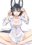  animal_ears bare_legs barefoot black_hair breasts butterfly_sitting cleavage dress_shirt ganesagi grin highres large_breasts nanashi_(ganesagi) no_pants original paw_pose see-through shirt short_hair sitting sketch smile solo sweatdrop tail yellow_eyes 