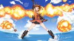  antenna_hair brown_eyes brown_hair cloud day double_bun elbow_gloves explosion gloves kantai_collection lens_flare naka_(kantai_collection) ocean one_eye_closed open_mouth short_hair sky solo standing standing_on_liquid water yuto_(dialique) 