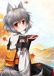  alcohol animal_ears blush cup inubashiri_momiji japanese_clothes kei_kei kourindou_tengu_costume leaf looking_at_viewer looking_back no_hat no_headwear red_eyes sakazuki sake short_hair silver_hair smile solo tail touhou wolf_ears wolf_tail 