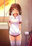  bad_id bad_pixiv_id blush bra breasts brown_eyes brown_hair buruma chiro gym_uniform long_hair looking_at_viewer medium_breasts original see-through solo thighhighs twintails underwear white_legwear 