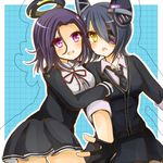  bad_id bad_pixiv_id black_hair blush eyepatch hair_ornament kantai_collection mechanical_halo multiple_girls purple_eyes purple_hair school_uniform short_hair skirt tatsuta_(kantai_collection) tenryuu_(kantai_collection) ura_(ura-tennislove) yellow_eyes 