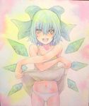  blue_eyes blue_hair bow cirno crossed_arms dress dress_lift hair_bow highres ice ice_wings navel open_mouth panties sleeveless sleeveless_dress smile teeth touhou traditional_media underwear watercolor_(medium) wings yuyu_(00365676) 