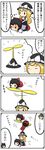  4koma :&lt; apron blonde_hair bow braid brown_hair closed_eyes comic flying flying_sweatdrops hair_bow hair_tubes hakurei_reimu hat hat_bow highres kirisame_marisa long_sleeves multiple_girls multiple_persona potaaju propeller propeller_hat puffy_sleeves shaded_face shirt short_sleeves single_braid sitting sitting_on_person skirt skirt_set smile sweatdrop touhou translated waist_apron wide_sleeves witch witch_hat 