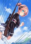  aqua_eyes bad_id bad_pixiv_id bangs cloud day dutch_angle eyebrows_visible_through_hair from_side gun hair_between_eyes headphones highres long_sleeves looking_at_viewer original outdoors pink_hair power_lines rifle scope sekigan short_hair sky sniper_rifle solo weapon 