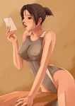  bad_id bad_pixiv_id breasts brown_eyes brown_hair competition_swimsuit crotch_rub holding large_breasts masturbation one-piece_swimsuit original photo_(object) short_ponytail solo swimsuit table_sex tomoshiki tongue tongue_out 