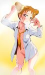  aikatsu! aikatsu!_(series) arisugawa_otome bottomless brown_eyes brown_hair collarbone collared_shirt double_bun dress_shirt gradient gradient_background heart heart_panties heart_print long_sleeves looking_at_viewer loose_necktie naked_shirt necktie no_bra open_clothes open_mouth open_shirt panties panties_around_one_leg pose print_panties shirt solo standing sweat tears tj-type1 underwear undressing white_shirt yellow_background 