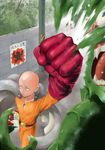  bad_id bad_pixiv_id bald belt bttfghn cape foreshortening gloves male_focus monster one-punch_man punching red_gloves road saitama_(one-punch_man) solo_focus street translated 