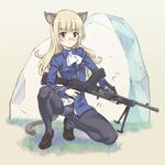  animal_ears bipod black_legwear blonde_hair blush boulder bren_lmg brown_eyes crotch_seam glasses grass gun highres holding holding_gun holding_weapon long_hair long_sleeves machine_gun military military_uniform panties panties_under_pantyhose pantyhose perrine_h_clostermann smile solo strike_witches suzuki24 tail trigger_discipline underwear uniform weapon white_panties world_witches_series 