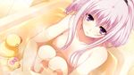  1girl bath game_cg miyamori_korone narumi_suzune pink_hair purple_hair small_breasts tojita_sekai_no_tori_colony 