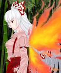  arm_garter bamboo bamboo_forest bow colored_eyelashes dress_shirt fiery_wings floating_hair forest from_side fujiwara_no_mokou hair_bow hair_ribbon heta00 long_hair nature red_eyes ribbon shirt silver_hair solo suspenders touhou tress_ribbon very_long_hair white_hair wings 