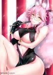  1girl bad_id bad_pixiv_id bare_shoulders bell black_dress black_gloves blush breasts center_opening china_dress chinese_clothes dress fate/grand_order fate_(series) glasses gloves hair_between_eyes hips jingle_bell koyanskaya large_breasts long_hair looking_at_viewer pink_hair rei_kun sitting smile solo thighs underboob yellow_eyes 