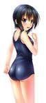  :3 ass bad_id bad_pixiv_id bangs bare_arms bare_shoulders black_eyes black_hair cowboy_shot from_behind hair_between_eyes looking_at_viewer noshimasa one-piece_swimsuit original school_swimsuit short_hair simple_background solo swimsuit 
