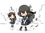  abe_kanari black_eyes black_hair black_legwear blush bow braid chibi hair_bow isonami_(kantai_collection) kantai_collection long_hair multiple_girls o_o school_uniform serafuku shirayuki_(kantai_collection) short_sleeves skirt translated twin_braids 