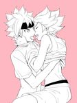  closed_eyes french_kiss headband hs2 ibuki_munemasa inazuma_eleven_(series) inazuma_eleven_go inazuma_eleven_go_galaxy kiss male_focus matatagi_hayato monochrome multiple_boys saliva saliva_trail shirt_lift simple_background tongue yaoi 