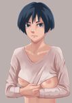  1girl blue_eyes blue_hair breasts female looking_at_viewer nipples shirt short_hair solo tomoshiki 