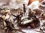  battle_rifle blonde_hair bolt_action brown_hair building caterpillar_tracks debris flag fur_hat grey_eyes ground_vehicle gun hammer_and_sickle hat highres house looking_at_viewer map military military_uniform military_vehicle mosin-nagant motor_vehicle multiple_girls on_vehicle original red_star rifle scarf skirt snowflakes snowing soviet soviet_flag soviet_union st06 su-100 svt-40 tank uniform ushanka war weapon world_war_ii 