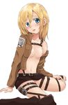  blonde_hair blue_eyes breasts christa_renz emblem jacket nipples paradis_military_uniform shingeki_no_kyojin solo strap training_corps_(emblem) 