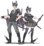  1girl 8_page absurdres bad_id bad_pixiv_id boots dual_persona eyepatch fingerless_gloves genderswap genderswap_(ftm) gloves grin hand_on_hip headgear highres kantai_collection machinery necktie partly_fingerless_gloves purple_hair short_hair sketch smile sword tenryuu_(kantai_collection) thighhighs turret weapon yellow_eyes 