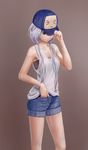  &gt;_&lt; aki99 bra closed_eyes denim denim_shorts green_eyes hair_up hand_in_pocket hat hat_tip highres long_hair looking_down md5_mismatch original shorts silver_hair solo tank_top tied_hair underwear 