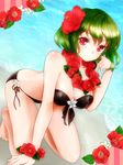  all_fours bandeau beach bikini black_bikini body_blush breasts cleavage flower flower_bracelet flower_necklace green_hair hair_flower hair_ornament hand_in_hair hanging_breasts hibiscus highres jewelry kazami_yuuka large_breasts lei looking_at_viewer necklace red_eyes shiny shiny_skin shironeko_yuuki side-tie_bikini smile solo swimsuit touhou water 