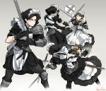  apron armor asterisk_kome battle black_hair brown_hair gloves grey_background heroes_of_order holding holding_weapon kicking long_sleeves maid maid_apron maid_headdress multiple_girls scar short_hair shoulder_armor sword swordbreaker_(weapon) two-handed_sword weapon 