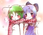  antennae blue_eyes blue_hair blush bow child cirno closed_eyes dress green_hair hair_bow ice koro_(artist) multiple_girls scarf shared_scarf snow touhou wriggle_nightbug 