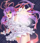  al_azif bad_id bad_pixiv_id buttons demonbane dress dutch_angle foreshortening frills gathers glowing green_eyes hair_ribbon light_particles long_hair magic ne-on panties pantyshot purple_hair ribbon short_dress solo underwear wristband 