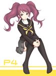  black_legwear black_serafuku full_body fuwa_yahiko kujikawa_rise long_hair long_sleeves looking_at_viewer neckerchief persona persona_4 sailor_collar school_uniform serafuku solo thighhighs twintails yasogami_school_uniform zettai_ryouiki 