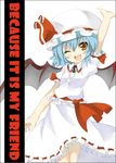  :d ;d arm_up bat_wings blue_hair brown_eyes fang happy hat one_eye_closed open_mouth outstretched_arm red_eyes remilia_scarlet ribbon shingetsu_takehito skirt smile solo touhou wings 