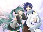  1girl blue_hair detached_sleeves fujie green_hair happy hatsune_miku headset kaito long_hair necktie open_mouth paper scarf skirt thighhighs twintails very_long_hair vocaloid 