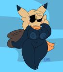  2024 anthro anthrofied big_breasts black_body black_nipples black_sclera blue_background breasts digital_media_(artwork) english_text eyelashes female game_freak generation_7_pokemon genitals hi_res mimikyu mostly_nude navel nintendo nipples nude nude_anthro nude_female pokemon pokemon_(species) scarf scarf_only simple_background solo spookana_(unfortu-nate) tail text thick_thighs unfortu-nate vulva white_eyes wide_hips 